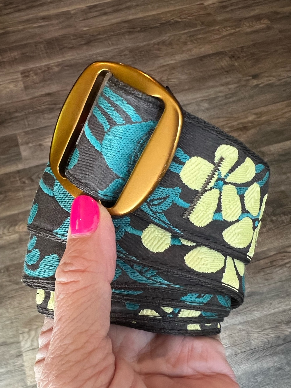 Floral Jacquard Fabric Belt with Gold Buckle Teal Brown size large